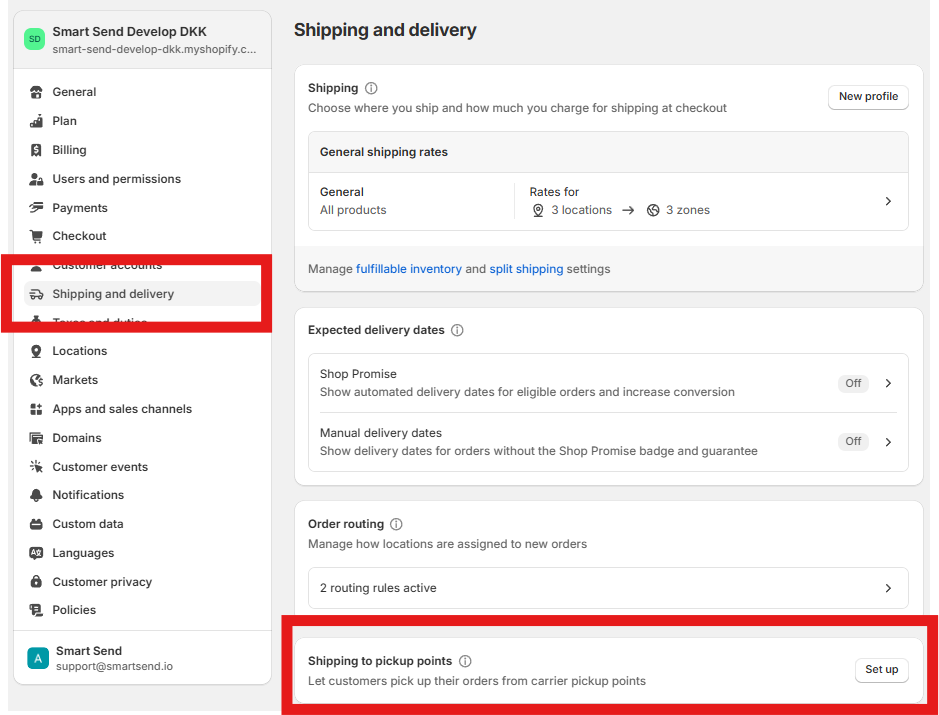Shipping pickup point settings